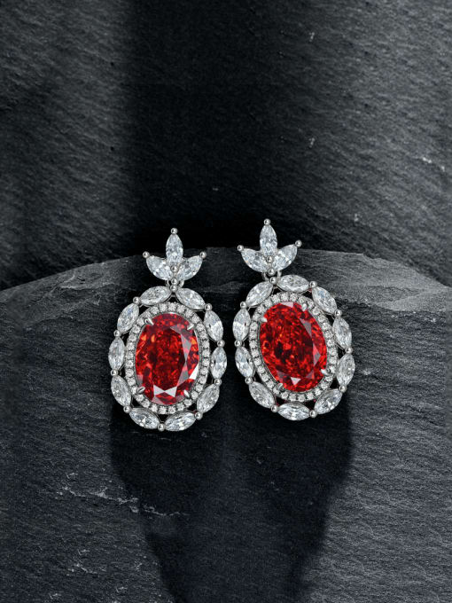 Red [E1952] 925 Sterling Silver High Carbon Diamond Geometric Luxury Cluster Earring